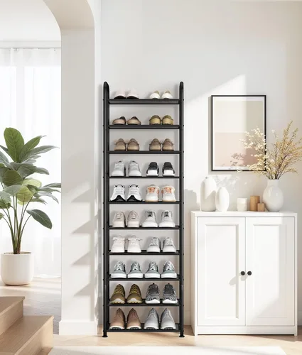 Vista 6 de STORAGE MANIAC Zapatero alto de 10 niveles, 20 pares de estantes estrechos y delgados, soporte de zapatos con marco de metal para espacios pequeños