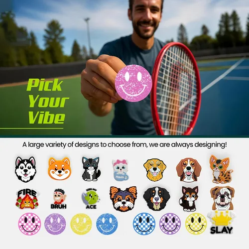 Vista 6 de Amortiguador de raquetas de tenis – Diseños de cara sonriente con purpurina – Amortiguador de impactos de tenis reductor de vibración y ruido