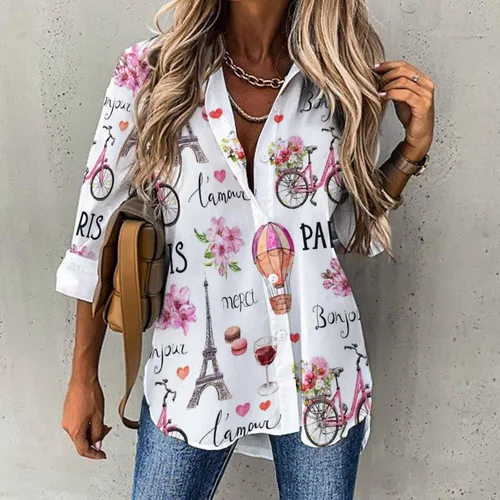 Vista 2 de Camisa con botones para mujer, casual, manga larga, ajuste holgado, blusa de moda con cuello en V, S