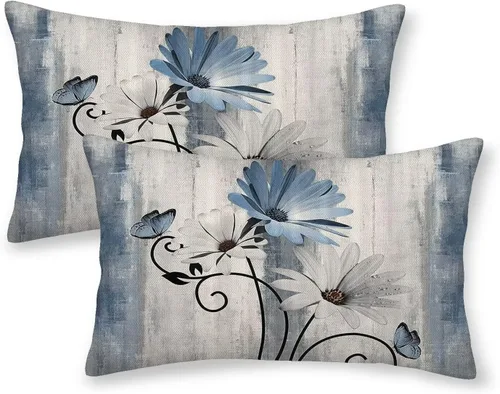 Vista 5 de Juego de 2 fundas de almohada florales de color salvia de 16 x 16 pulgadas, fundas de almohada decorativas con flores de margarita y mariposas
