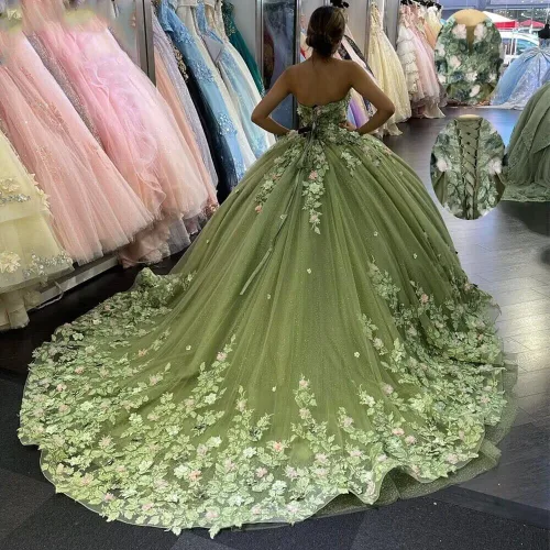 Vista 2 de XYAYE Women's Sweetheart Quinceanera Dresses Ball Gowns 3D Flower Lace Prom Dress Strapless Tulle Sweet 15 16 Dress XY071