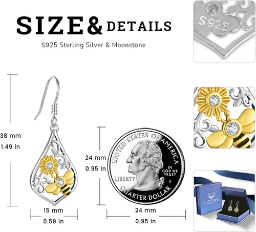 Vista 174 de Aretes colgantes de plata de ley con diseño de árbol de la vida, flor, abeja, animales, gato, colibrí, piedra lunar, turquesa, aretes con cierre