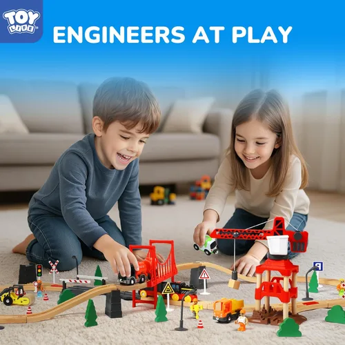 Vista 2 de TOY Life Juego de Tren de 81 Piezas con Grúa y Locomotora, Juguete de Tren de Madera, Vías de Tren de Madera para Niños Pequeños de 3, 4, 5 Años
