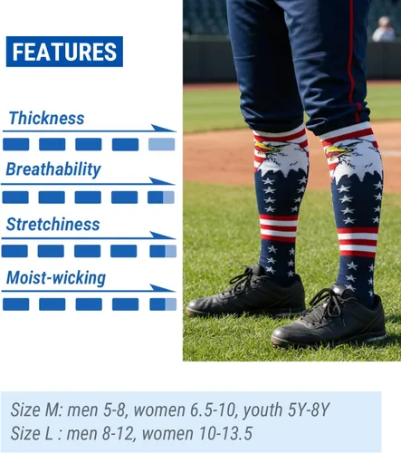 Vista 6 de Calcetines atléticos hasta la rodilla con la bandera estadounidense para béisbol, fútbol, sóftbol y fútbol