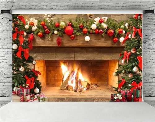 Vista 2 de Lofaris Telón de fondo de chimenea de Navidad de 5 x 3 pies, diseño vintage de árbol de fuego, medias rojas, regalos de fondo de fotografía