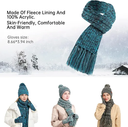 Vista 5 de Honnesserry Conjunto de bufanda y guantes para pantalla táctil para mujer, gorro de calavera, bufandas de cuello con forro polar