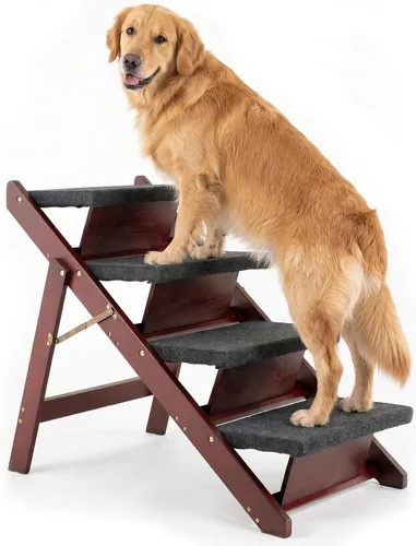 Vista 10 de MEWANG - Escaleras de madera para mascotas/escalones para mascotas, escaleras plegables 2 en 1 y rampa para camas y autos, escalera portátil