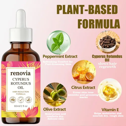 Vista 3 de Renovia Cyperus Rotundus - Aceite hidratante y calmante para una piel de aspecto suave con menta, suero orgánico para depilación para cara, brazos