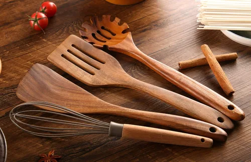 Vista 7 de Juego de 11 utensilios de cocina de madera, cucharas de madera de teca para cocinar, agarre cómodo, resistente, espátulas de madera antiadherentes