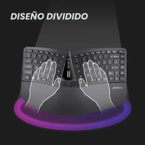 Vista 2 de Perixx PERIDUO-606A, teclado ergonómico compacto inalámbrico 3 en 1 con mouse vertical y teclado numérico, reposamanos ajustable, rueda inclinable