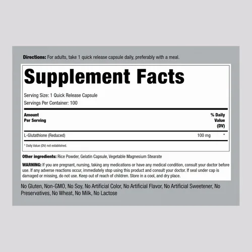 Vista 2 de Piping Rock Suplemento de glutatión L 100 mg 100 cápsulas Forma reducida Sin OMG, sin gluten