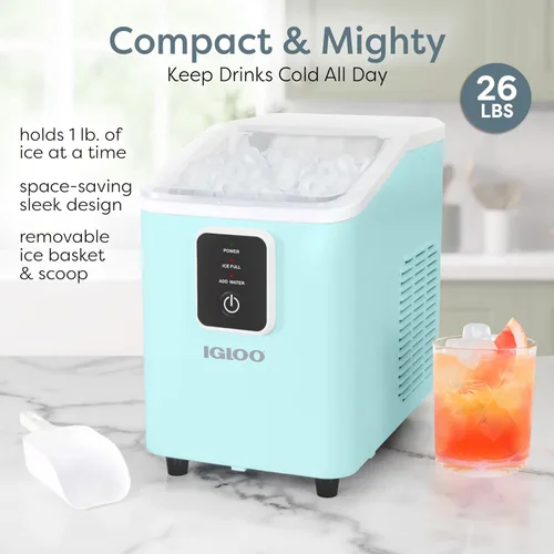Vista 2 de Igloo Máquina de hielo de encimera autolimpiante, compacta y portátil, crea 26 libras por día, 8 piezas listas cada 7-8 minutos, incluye pala