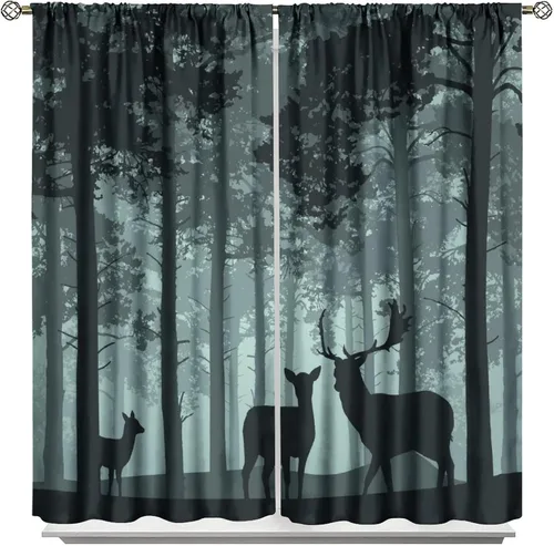 Vista 48 de Cortinas opacas con diseño de ciervos, bosque brumoso, rústico, vida silvestre, alce, montaña, pájaros, pino, bosque, cortinas de ventana