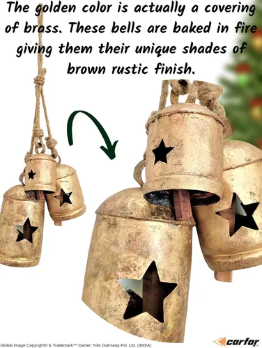 Vista 4 de Estilo rústico 3 campanas racimo de estrellas hechas a mano Metal Harmony Navidad Colgantes Campanas de vaca en cuerda de yute