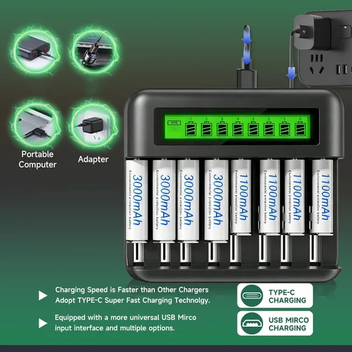 Vista 3 de Batería recargable con cargador universal para baterías recargables Ni-MH AA AAA C D, 4 pilas AA y 4 pilas AAA de baja autodescarga NiMH