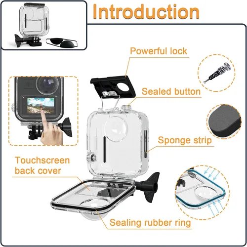 Vista 6 de Carcasa impermeable para GoPro MAX 360 con pantalla táctil, carcasa protectora de buceo subacuático con soporte para GoPro MAX360 Kit de accesorios
