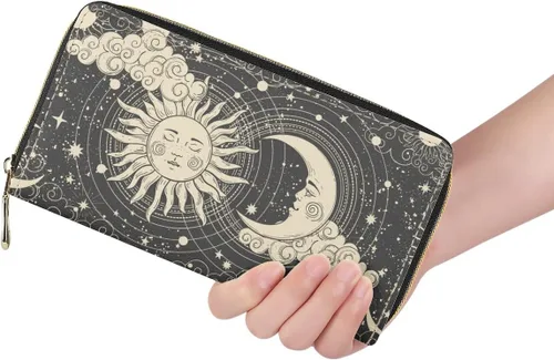Vista 2 de Cartera larga para mujer, monedero con cremallera, cartera de cuero, Astrología Tarot Goth, Gótico
