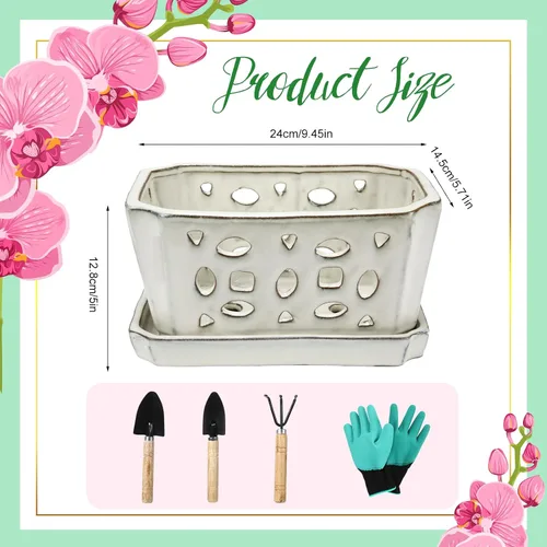 Vista 2 de Teenyyou 9.5" Orchid Pot Ceramic with Hole Saucer for Repotting, White Blanco