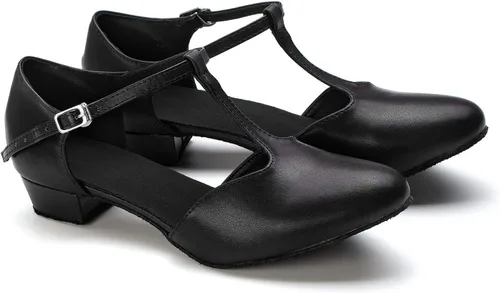 Vista 3 de Dress First Flats Zapatos de Baile Mujeres de Tacón Bajo Cuero Genuino Bombas T-Strap Latino Salsa Zapatos,1