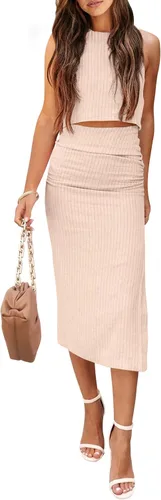 Vista 23 de PRETTYGARDEN Conjunto de 2 piezas de verano para mujer, cuello redondo, sin mangas, con abertura, falda midi