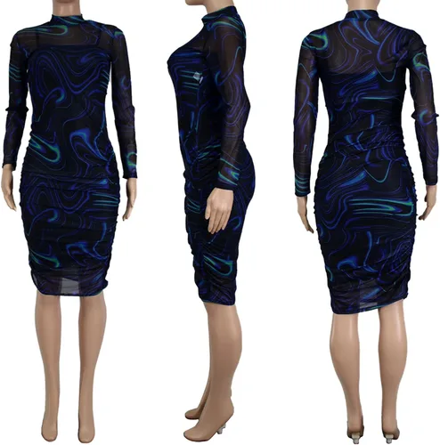 Vista 4 de 5Z6Y Women Sexy Two Piece Long Sleeve Printed Sheer Mesh Midi Dress See Through Bodycon Clubwear Night Dress