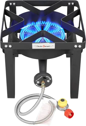 Vista 2 de Vivicreate Estufa de Gas Propano, 185000 BTU de Alta Presión para Acampar al Aire Libre con Regulador, Quemador de Hierro Fundido, Regulador