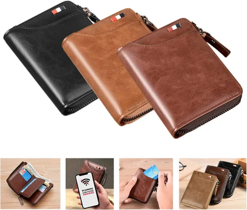 Vista 7 de Billetera multifuncional de piel sintética resistente al agua con bloqueo RFID, cartera táctica con cremallera de gran capacidad, impermeable