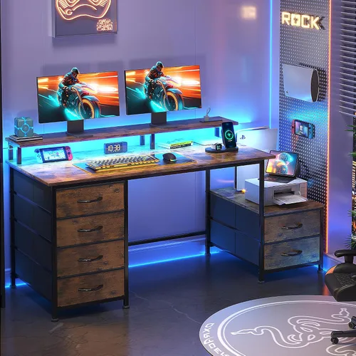 Vista 2 de Escritorio de oficina de 52 pulgadas con 6 cajones y espacio de impresora para almacenamiento, escritorio reversible para computadora con soporte