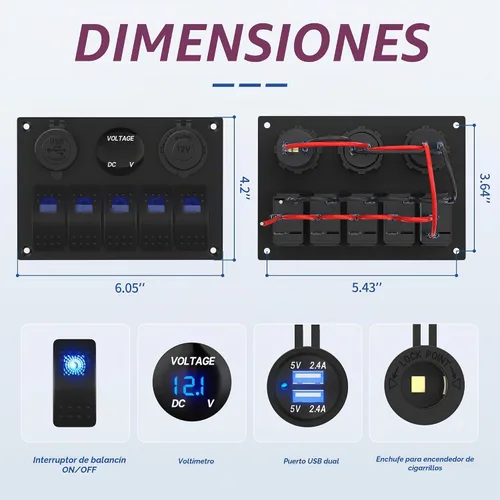 Vista 2 de RVMARINEPAT - Panel de interruptores marinos impermeable de 12 voltios, 5 mandos, interruptor basculante azul con luz, con doble toma USB de 4,8 A
