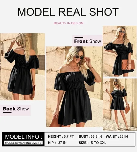 Vista 2 de Dokotoo Vestidos de verano para mujer, con hombros descubiertos, manga corta farol, con volantes, cintura elástica, acampanado, minivestido casual