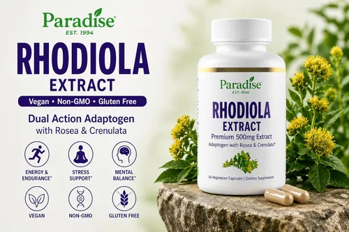 Vista 3 de Paradise Herbs Extracto de Rhodiola 500 mg, antioxidante súper potente, ultra puro, vegano, sin OMG, sin gluten, 60 cápsulas vegetarianas