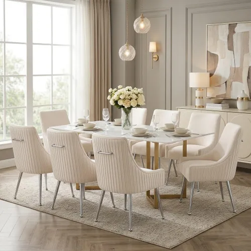 Vista 19 de Sillas de comedor de estilo moderno de terciopelo tapizadas con barra vertical, silla de acento con botón acolchado con patas plateadas, juego de 2