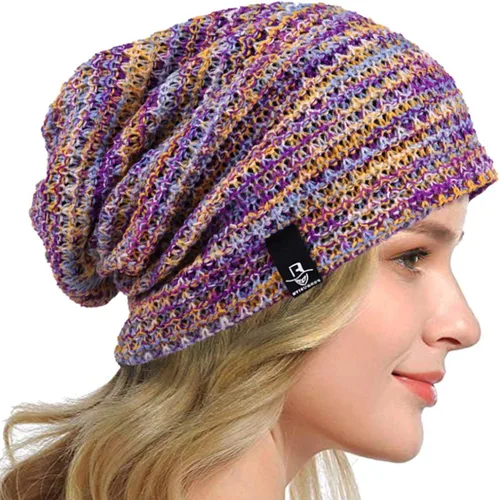 Vista 12 de Gorro holgado para mujer, boina de punto, gorra de calavera holgada para invierno y verano, B08w Azul/Amarillo/Púrpura