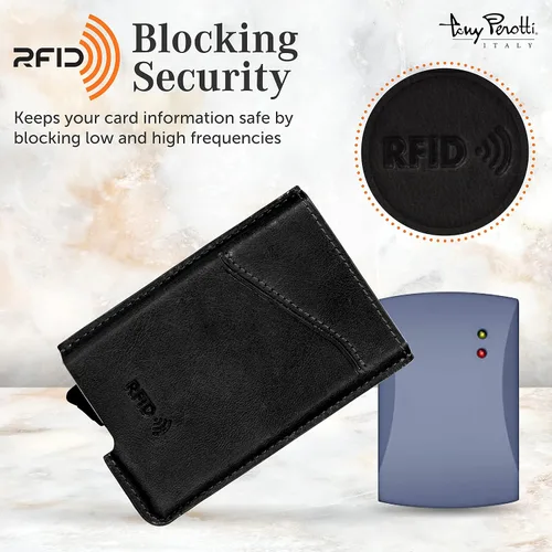 Vista 3 de Tony Perotti Billetera de piel italiana de acceso rápido para hombres, billetera RFID ultra delgada con deslizador de tarjeta desplegable y funda