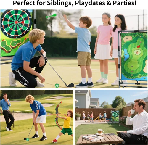 Vista 4 de Juego de astillado de golf con soporte, juego de práctica de golf multideportivo con tiro con arco, hacha, dardos, alfombrilla de golpeo de doble