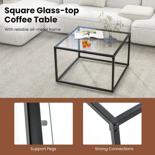 Vista 6 de COSTWAY Mesa auxiliar de cristal, mesa cuadrada de cristal de 27.5 pulgadas con marco de metal, mesa de té central moderna para sala de estar