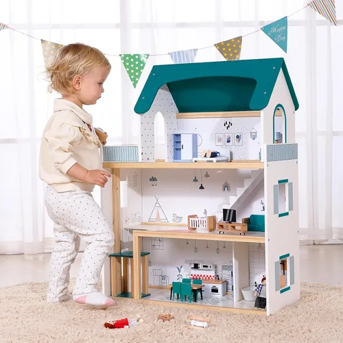 Vista 3 de OOOK Casa de muñecas de madera con elevador elevable, casa de muñecas moderna de 2.6 pies de alto para niños pequeños, incluye 21 muebles, 4 muñecas