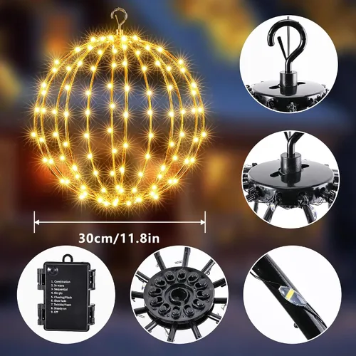 Vista 3 de iBaycon Paquete de 2 luces esféricas navideñas de 11.8 pulgadas Blanco cálido