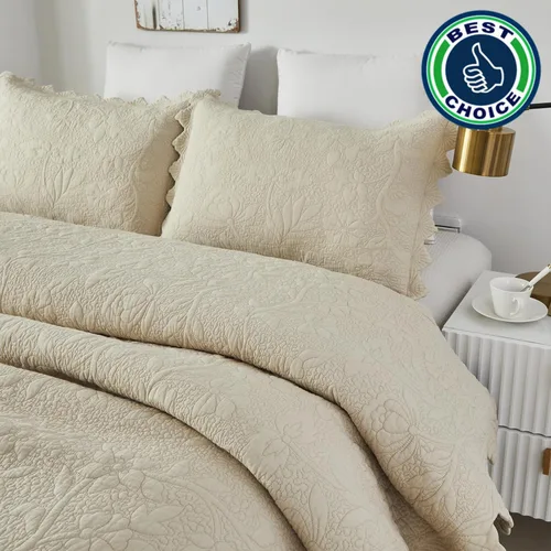 Vista 5 de Brandream - Juego de edredones beige, tamaño Queen y King, juego de ropa de cama de estilo rústico, algodón, colcha acolchada con borde festoneado