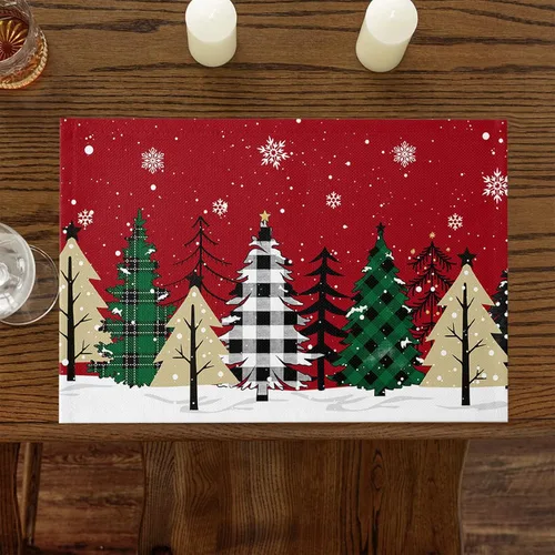Vista 6 de Juego de 4 manteles individuales de árbol de Navidad, mantel rojo para decoración de mesa de comedor, manteles lavables de lino de algodón a cuadros