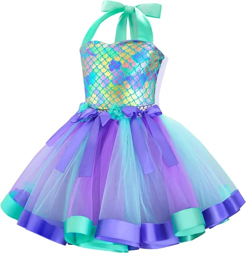Vista 4 de Aoiviss Girls Mermaid Costume Outfit Mermaid Tutu Ariel Dress with Headband for Birthday Gifts Party Halloween Dress Up