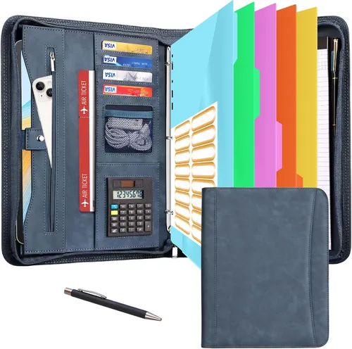 Vista 12 de Eshow Padfolio para hombres y mujeres con bolígrafo, cartera de cuero con cremallera, organizador profesional de currículum de entrevistas