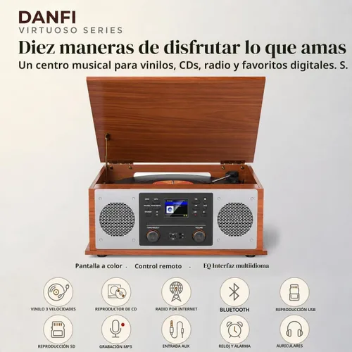 Vista 10 de Tocadiscos Bluetooth retro 10 en 1 con altavoces estéreo, tocadiscos de vinilo de 3 velocidades, reproductor de CD, reproducción y grabación USB/SD