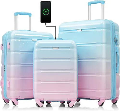 Vista 130 de Merax 3 piezas expandible ABS Hardshell equipaje Sets Spinner Wheel Maleta TSA Lock Suit Case, Apertura frontal negra, Juego de 2 piezas, Maleta