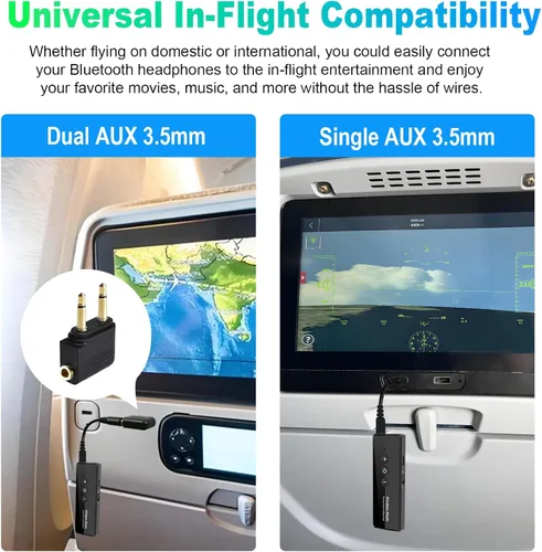 Vista 4 de Transmisor y receptor Bluetooth 5.4, adaptador de audio Bluetooth para avión, transmisor de audio inalámbrico para auriculares, viaje, vuelo, TV