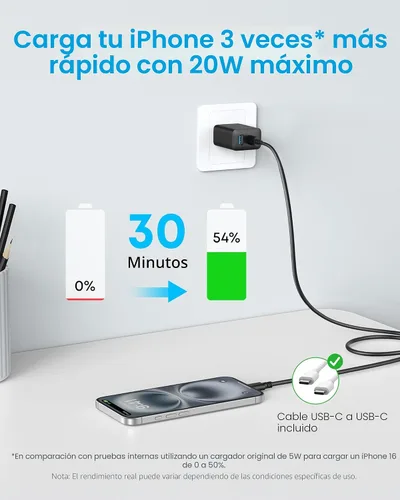 Vista 4 de Anker Cargador de teléfono, bloque de cargador USB C de 20 W, cargador tipo Negro
