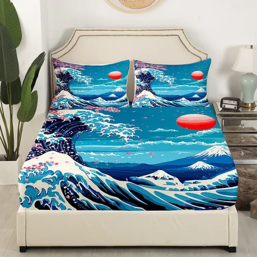Vista 3 de Castle Fairy Ukiyoe Ocean - Juego de sábanas tamaño individual, juego de sábanas de flor de cerezo de estilo japonés para niños y adolescentes