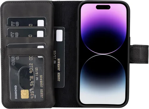 Vista 10 de HARDISTON Funda de piel auténtica de alta calidad hecha a mano para iPhone 7/8 / SE doble folio tarjetero - Funda magnética desmontable - Soporte