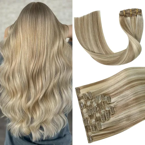 Vista 22 de Aison Extensiones de cabello con clip balayage de cabello humano real, extensiones de cabello ombre 100% de cabello humano para mujer, 12 pulgadas