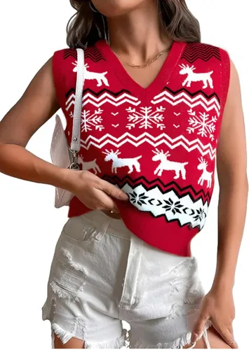 Vista 10 de JULYCLO Chaleco de Suéter Navideño para Mujer, Suéter Feo de Renos Tejidos y Copo de Nieve, Estilo Casual, con Cuello en V, Sin Mangas, Parte Negro